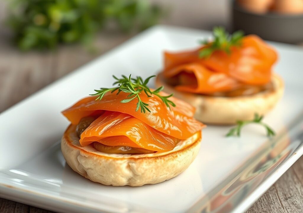 Gevulde artisjokbodem met gerookte zalm, langoesti, AI-gegenereerde illustratie