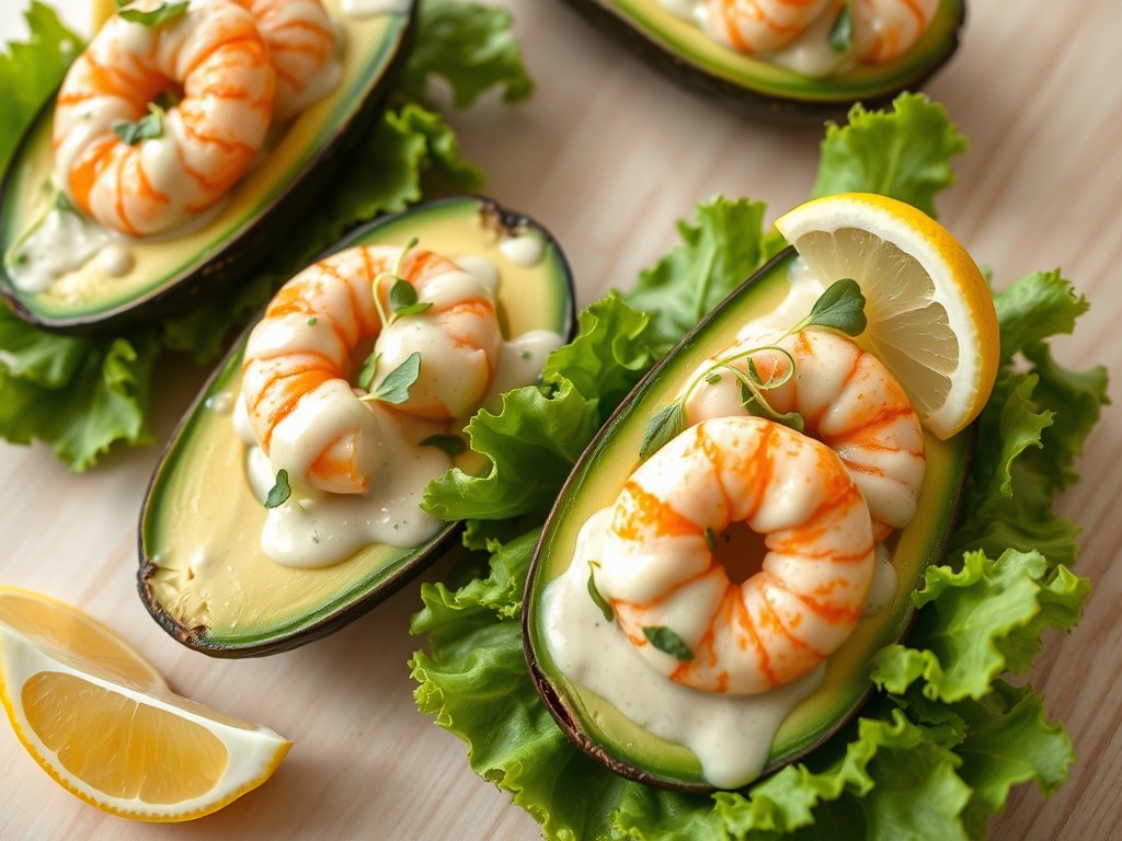 Gevulde avocado’s met reuzengarnalen, AI-gegenereerde illustratie