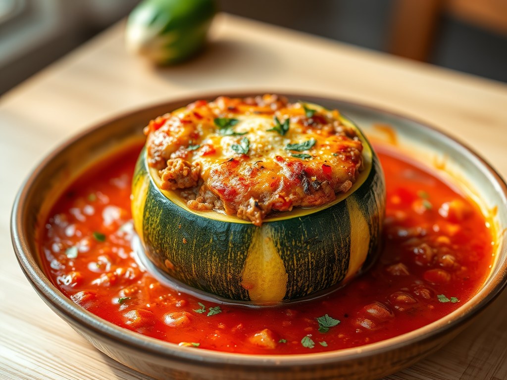 Gevulde courgette met gehakt en tomatensaus, AI-gegenereerde illustratie