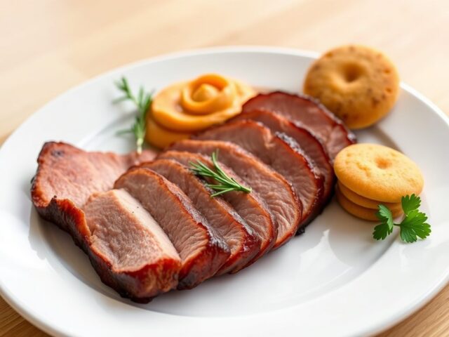 Gevulde en gebraden eendenfilet, wortelmousse, blini’s van aardappel