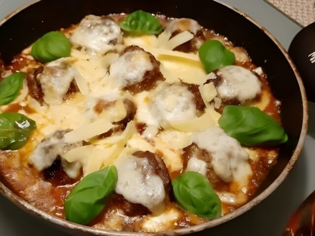 Gevulde Italiaanse gehaktballetjes in tomatensaus met mozzarella en pesto