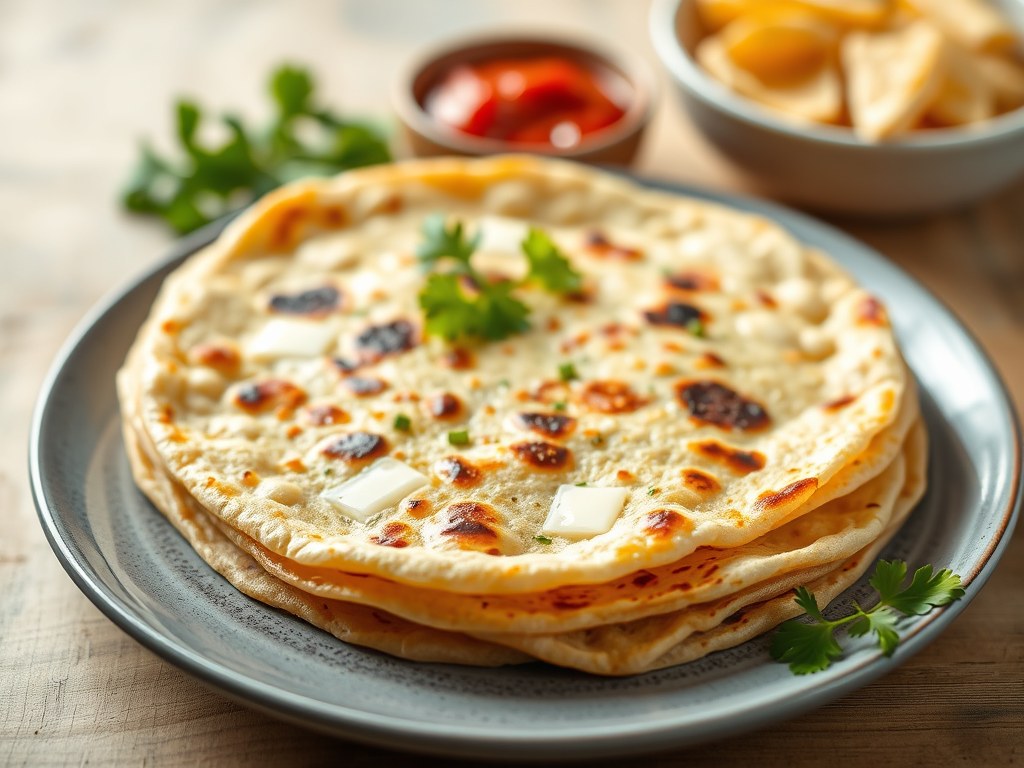 Gevulde kaas paratha – indisch platbrood, AI-gegenereerde illustratie