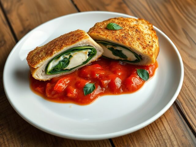 Gevulde kalfssnitzel met tomatensaus