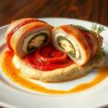 Gevulde kip met plattekaas en pesto van gegrilde paprikapuree
