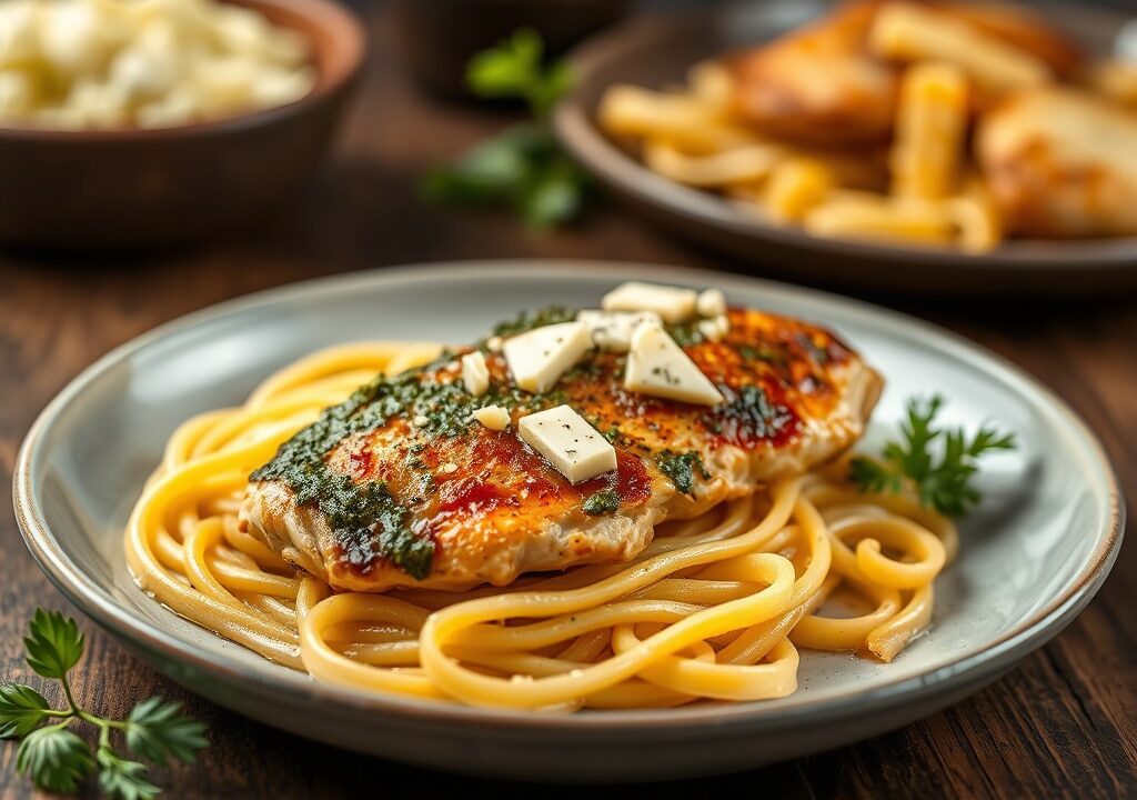 Gevulde kipfilet met tagliatelle, AI-gegenereerde illustratie