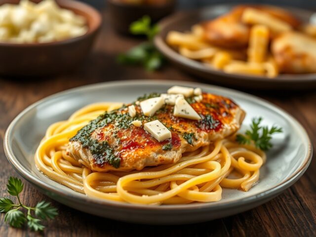 Gevulde kipfilet met tagliatelle — AI-gegenereerde illustratie