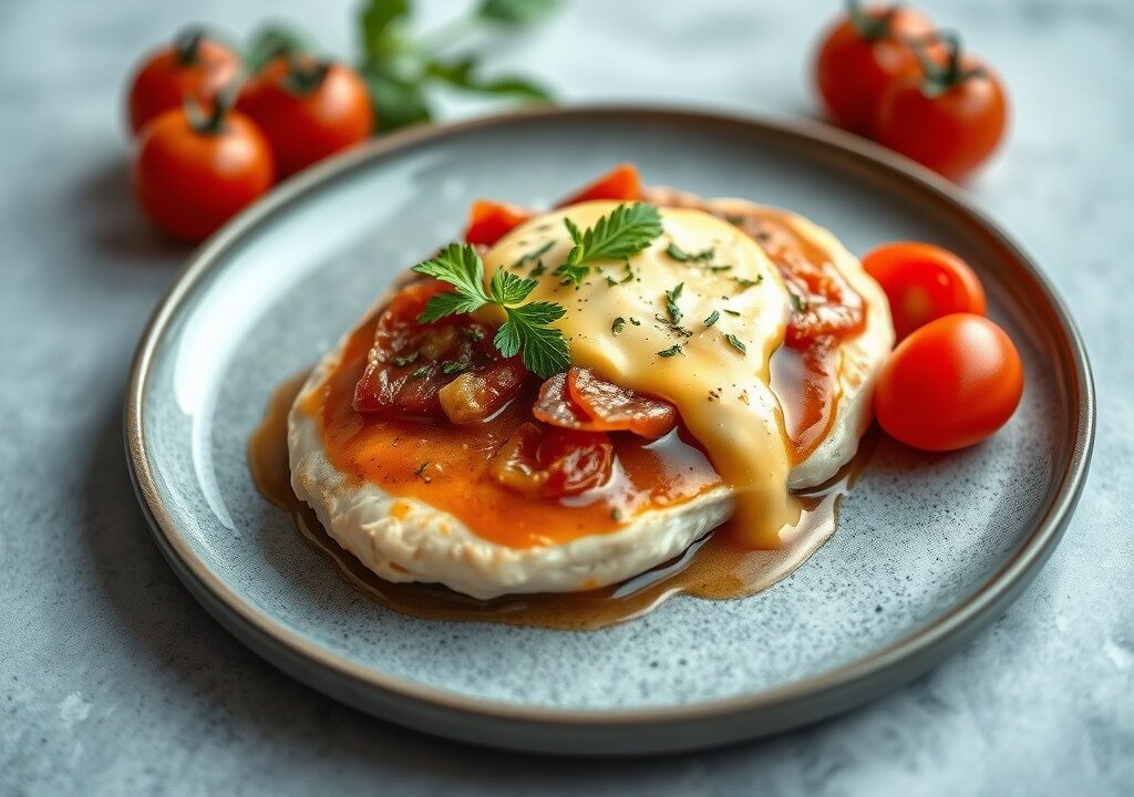Gevulde kipfilet met tomaten-sherrysaus, AI-gegenereerde illustratie