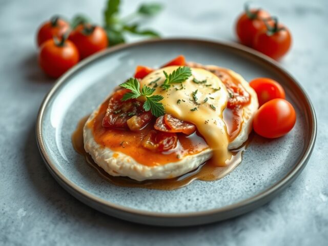 Gevulde kipfilet met tomaten-sherrysaus — AI-gegenereerde illustratie