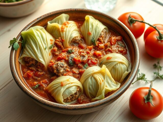 Gevulde koolrolletjes in tomatensaus