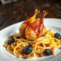 Gevulde kwartel met calvadossaus op een bedje tagliatelle