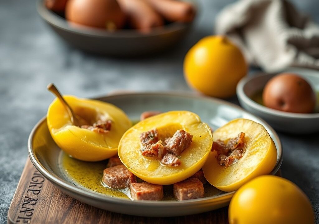 Gevulde meloen met (lams) stoofvlees, sinaasappelmousse en marasquin., AI-gegenereerde illustratie