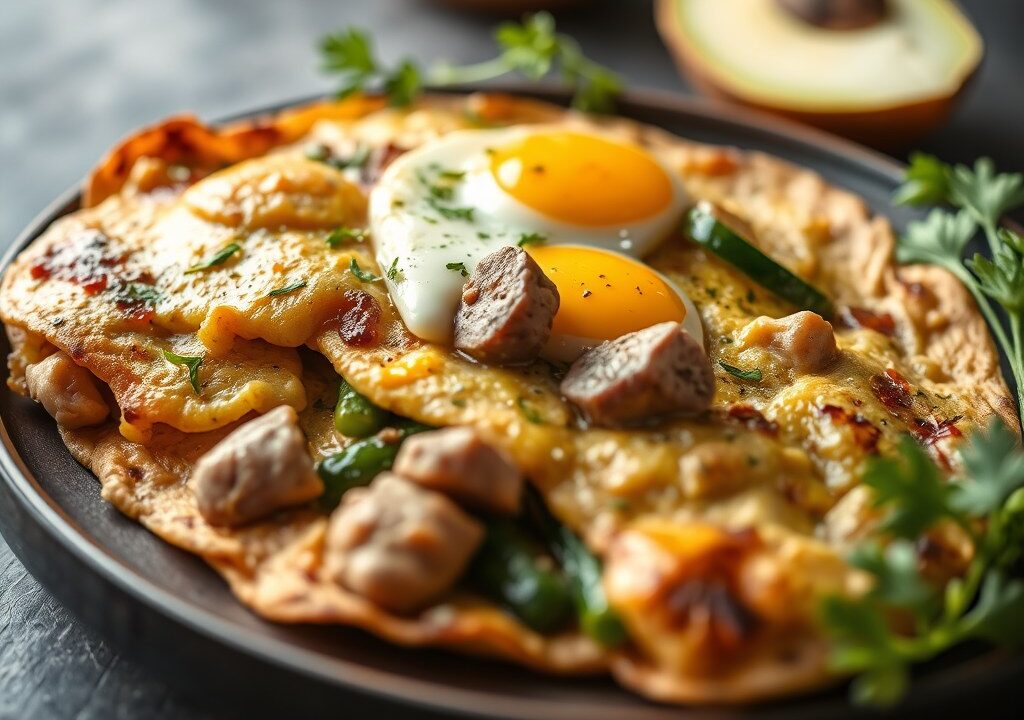 Gevulde omelet met kalfsvlees en groenten, AI-gegenereerde illustratie