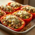 Gevulde paprika met fijne groenten en tuinkruiden