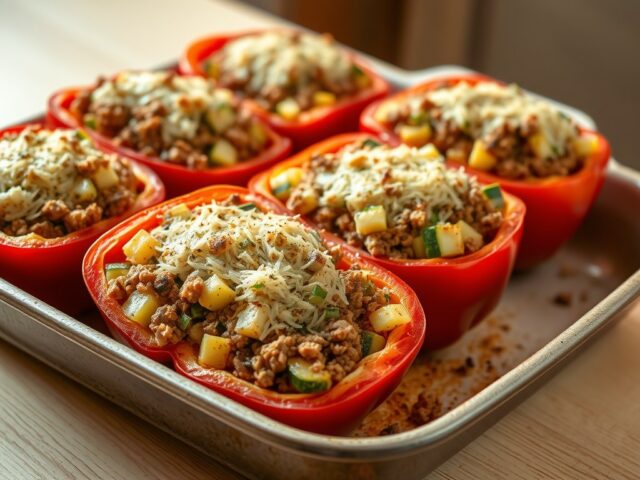 Gevulde paprika met fijne groenten en tuinkruiden