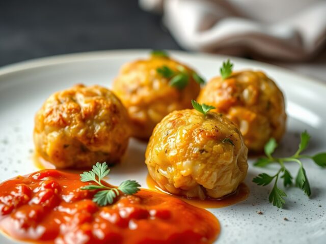 Gevulde rijstballetjes met een pistou van tomaten