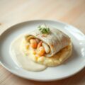 Gevulde rog met grijze garnalen, prei en aardappel