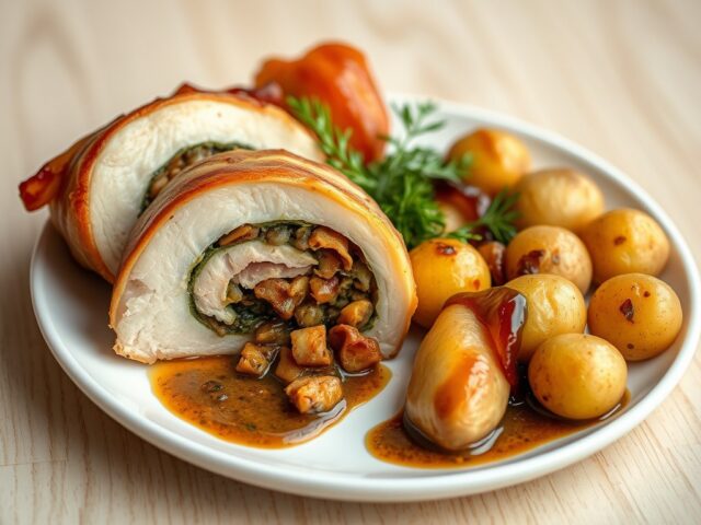 Gevulde scharrelkipfilet met truffelsaus, krieltje