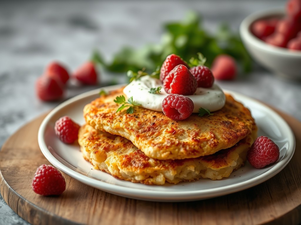 Gevulde schnitzel met rozijnen en aardappel-kaas rosti, AI-gegenereerde illustratie