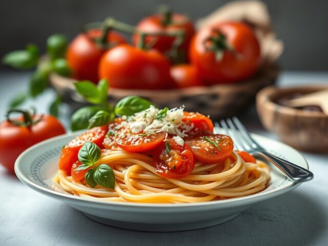 Gevulde tomaat met spaghetti — AI-gegenereerde illustratie