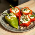 Gevulde Turkse puntpaprika’s met geitenkaas,amandelen
