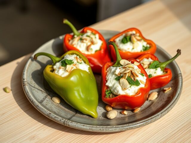 Gevulde Turkse puntpaprika’s met geitenkaas,amandelen
