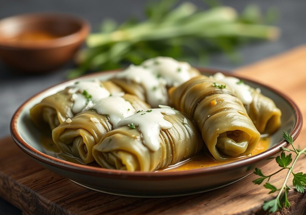 Gevulde wijnbladeren (Dolmades), AI-gegenereerde illustratie