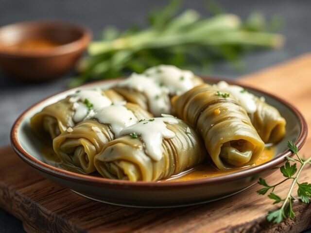 Gevulde wijnbladeren (Dolmades) — AI-gegenereerde illustratie