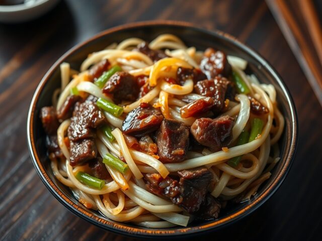 Gewokt rundsvlees met Chinese kool en rijstnoodles