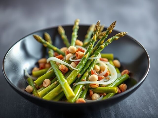 Gewokte asperges met bosuitjes en noten