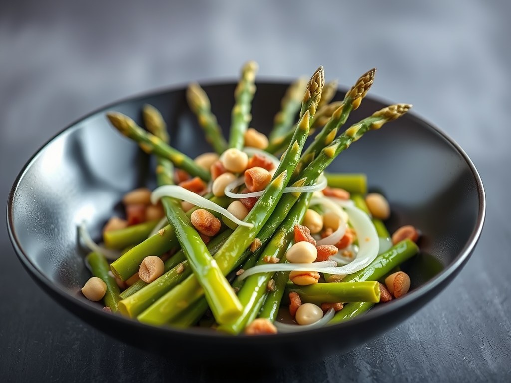 Gewokte asperges met bosuitjes en noten, AI-gegenereerde illustratie