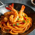 Gewokte knoflook garnalen met rode curry pasta