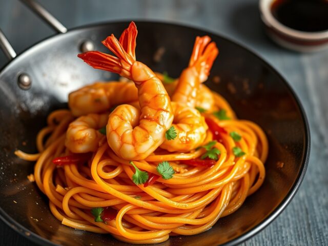 Gewokte knoflook garnalen met rode curry pasta