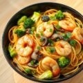 Gewokte noodles met sesam, nobashigarnaal en gember