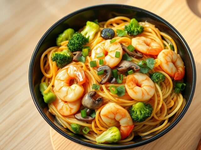 Gewokte noodles met sesam, nobashigarnaal en gember