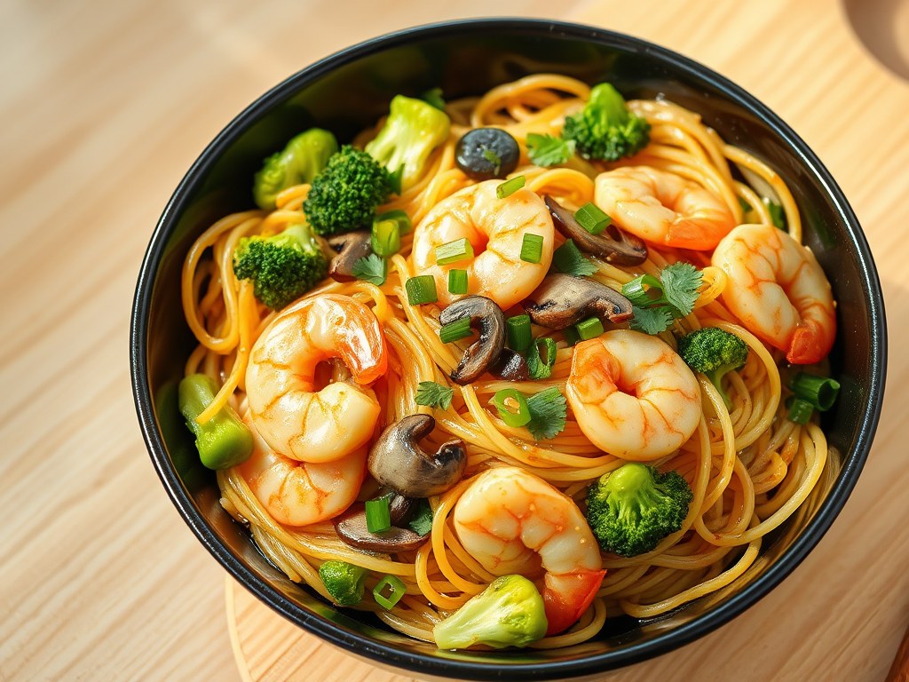 Gewokte noodles met sesam, nobashigarnaal en gember, AI-gegenereerde illustratie