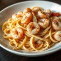 Gewokte scampi’s met pittige saus en tagliatelle