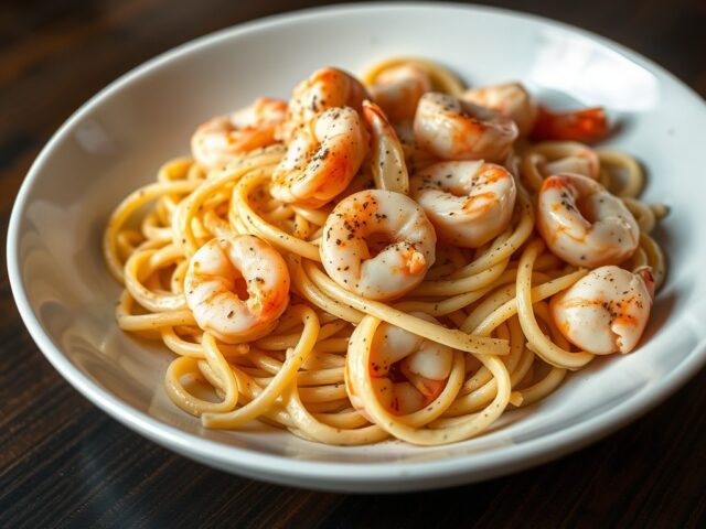 Gewokte scampi’s met pittige saus en tagliatelle