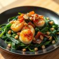 Gewokte spinazie met gegrilde St-Jacobsnoten