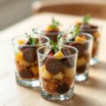 Glaasjes met zwarte pens, appels en geroosterde peperkoek
