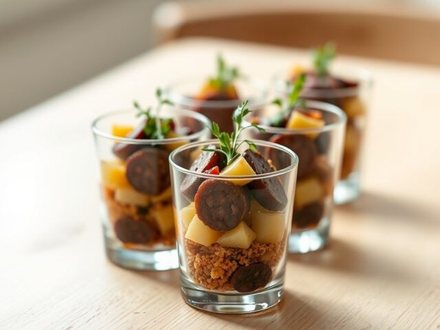 Glaasjes met zwarte pens, appels en geroosterde peperkoek