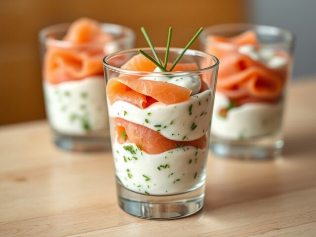 Glaasjes van gerookte zalm en mousse van verse kaas met kruiden