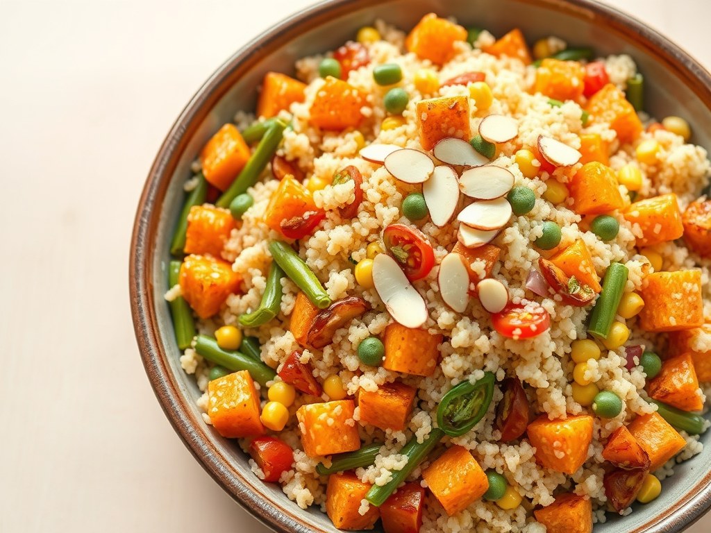 Glutenvrij Quinoa met groenten en amandelen, AI-gegenereerde illustratie