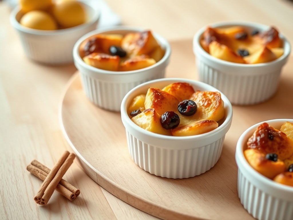Glutenvrije Bread and butter puddinkjes, AI-gegenereerde illustratie