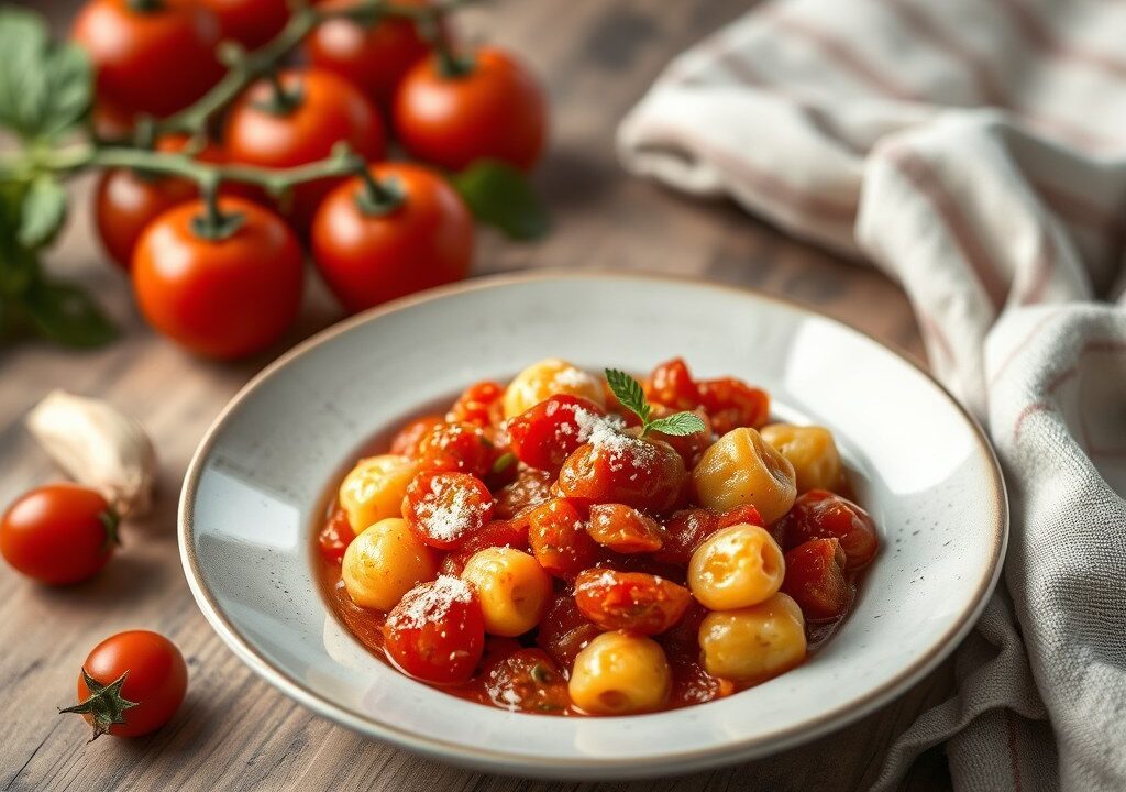Gnocchi con una salsa di pomodoro veloce, AI-gegenereerde illustratie
