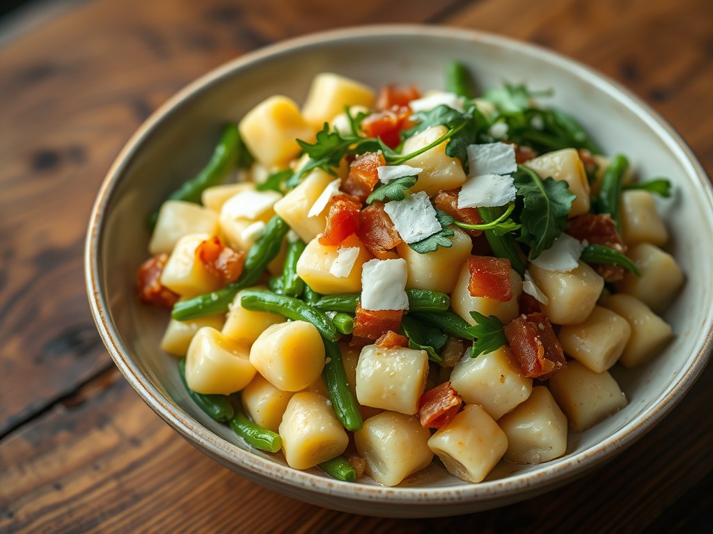 Gnocchi met spek en tuinbonen, AI-gegenereerde illustratie