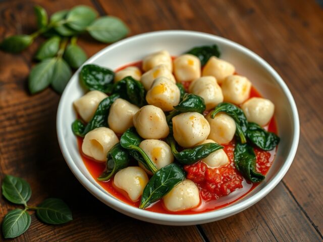 Gnocchi met Spinazie, geserveerd met Tomatensaus