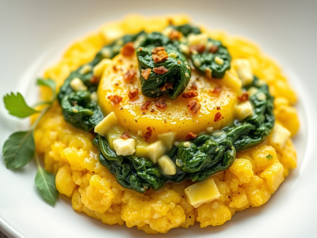 Gorgonzola Polenta met Spinazie en Wilde Paddestoe, AI-gegenereerde illustratie