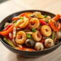 Gouden garnalen en knapperige groenten in cashew saus