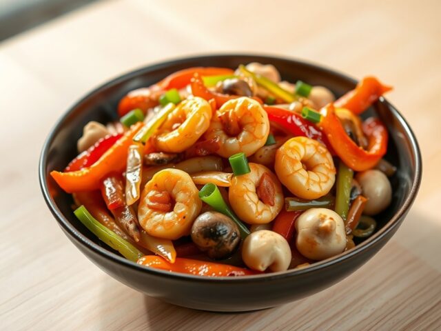 Gouden garnalen en knapperige groenten in cashew saus