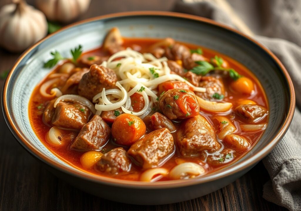 Goulash in de römertopf, AI-gegenereerde illustratie